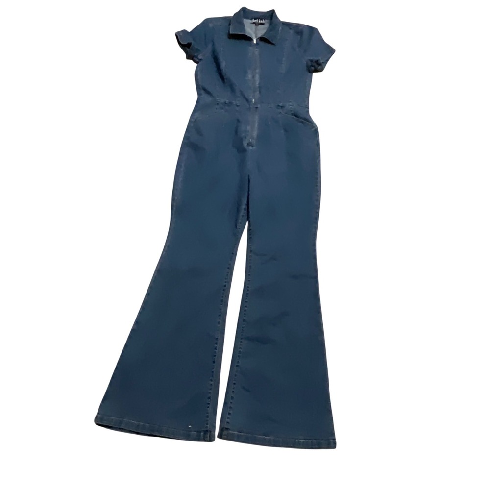 Girl.lis Womens Denim Bell‎ Bottom Jumpsuit Short Sleeve Zip Up Collar Dark Wash